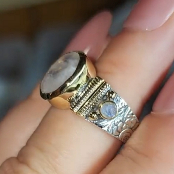 Rainbow Moonstone Ring ~ 925 Sterling Silver w/ Brass Accents - Picture 3 of 16